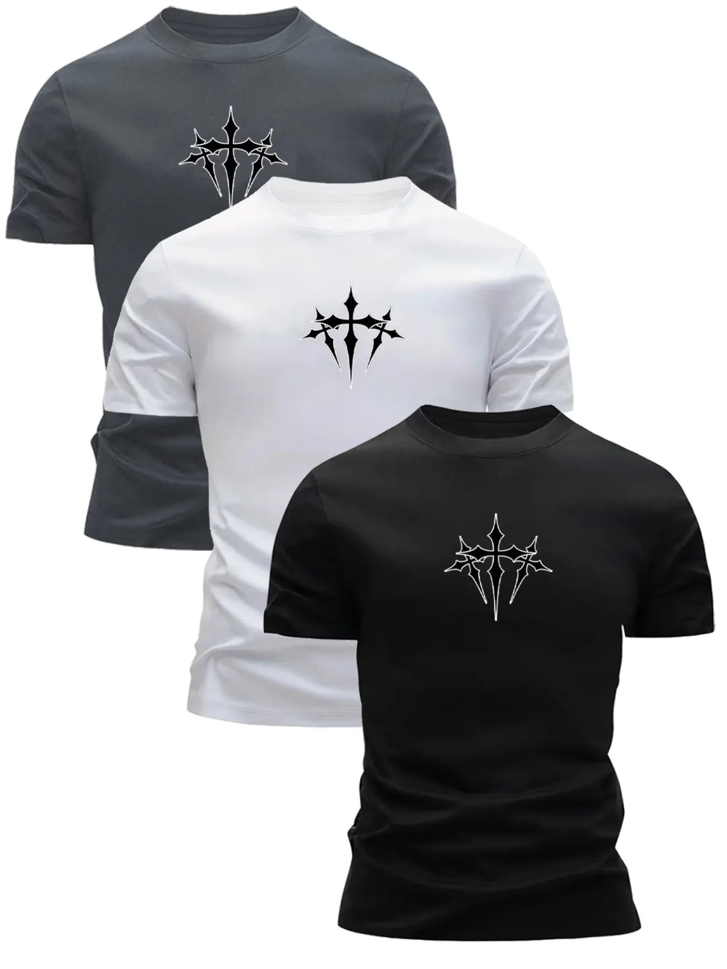 3-Pack Men's Sport Short Sleeve T-Shirt Set Quick-Dry Breathable Cotton Black White Gray Layering Combination