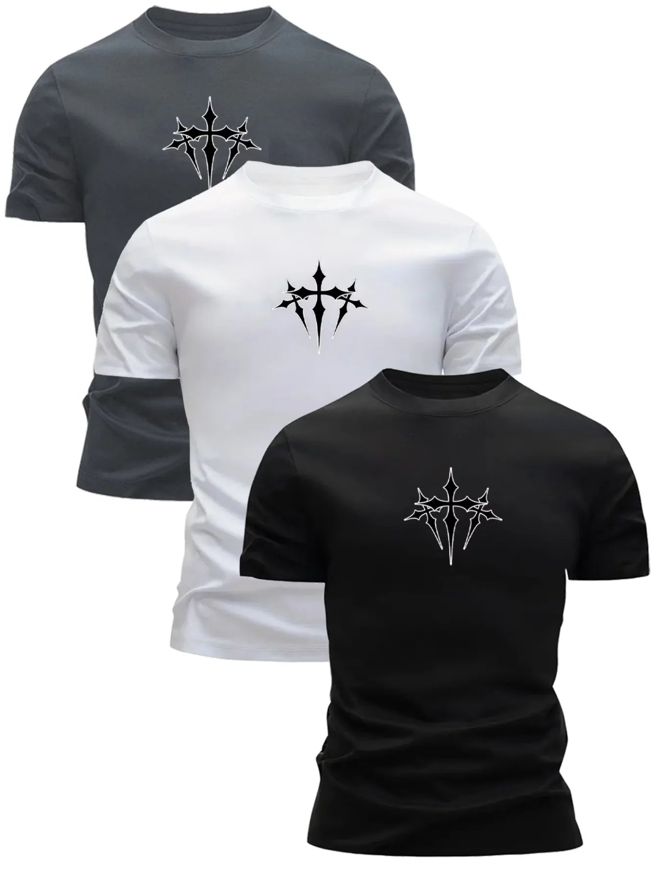 3-Pack Men's Sport Short Sleeve T-Shirt Set Quick-Dry Breathable Cotton Black White Gray Layering Combination
