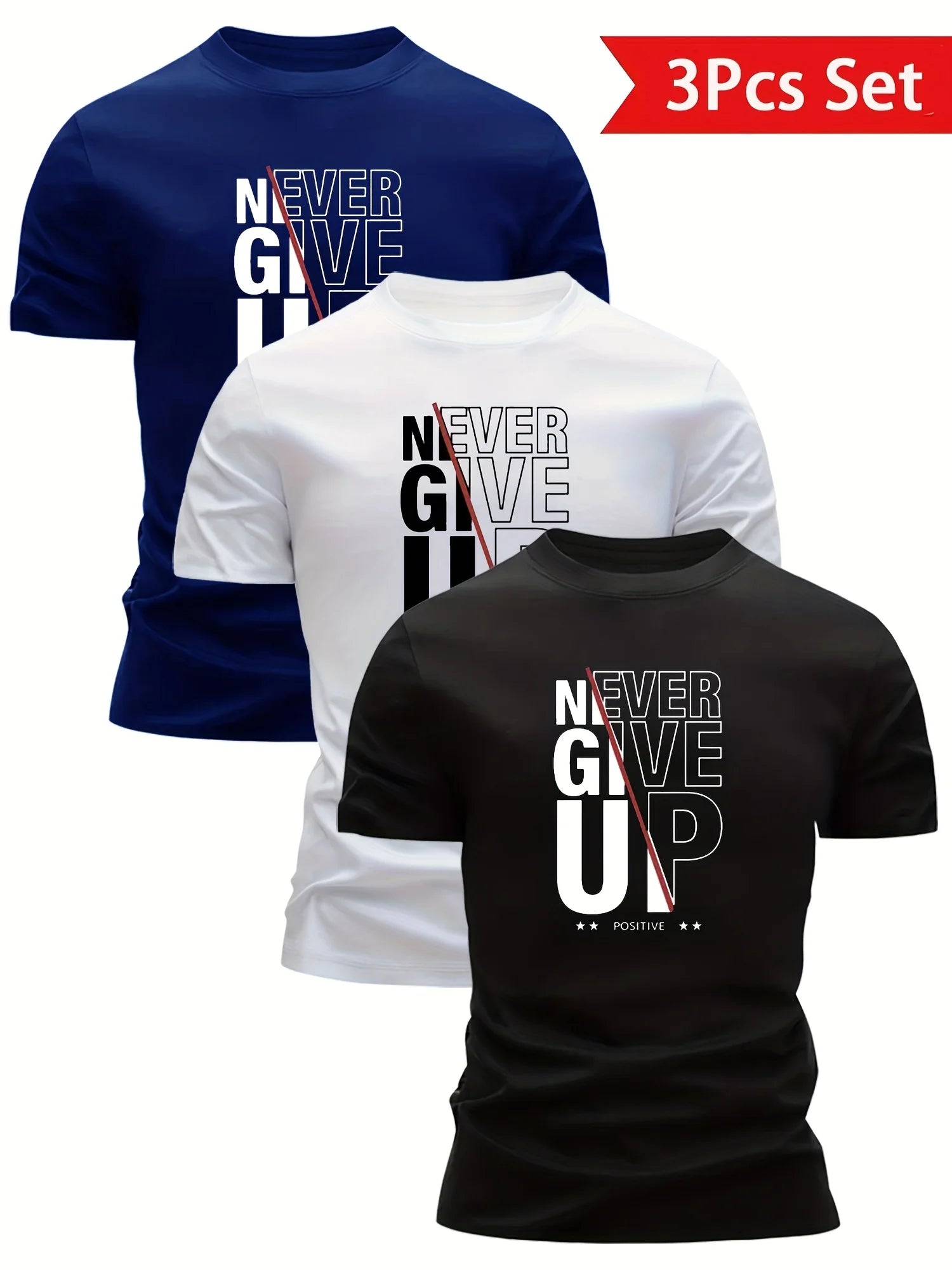 3-Pack Men's "NEVER GIVE UP" Graphic Gym T-Shirts | Motivational Crew Neck Short Sleeve Tops | Black/White/Navy Set
