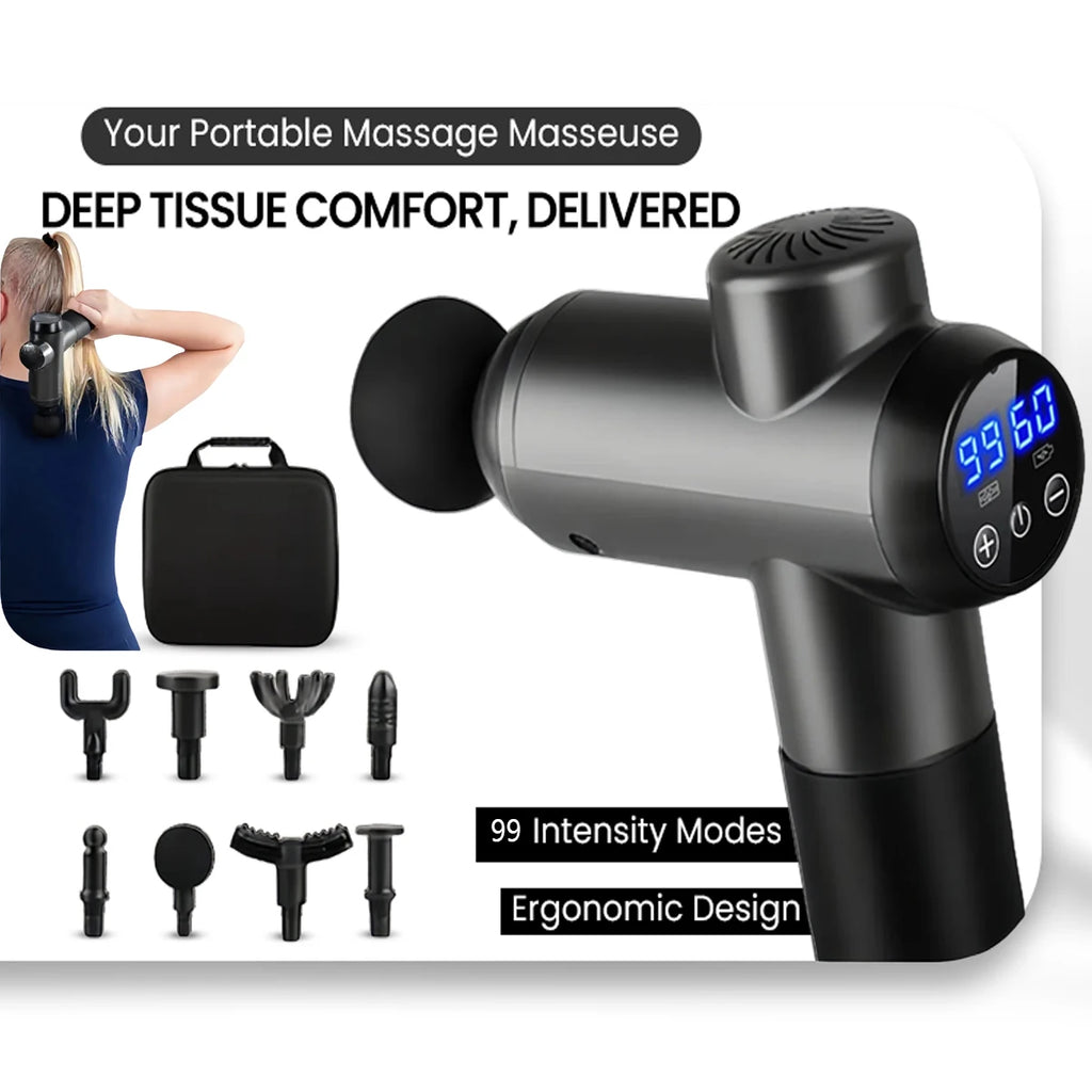 Professional Deep Tissue Massage Gun – 99 Speeds, 8 Attachments