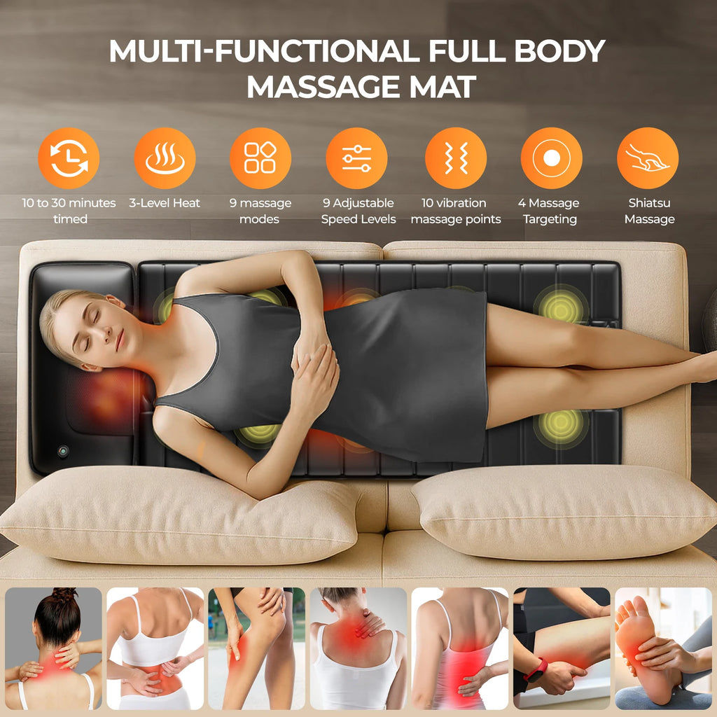 HOMEMASSA Full Body Massage Mat with Heat, Detachable Massager Pad, 10 Vibrating Motors, 9 Intensity Levels, Relax at Home Office