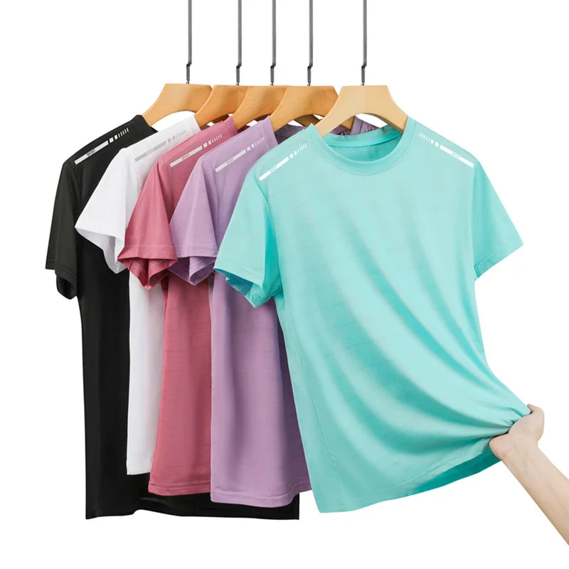 Ippolich Women's Mesh Summer T-Shirt Outdoor Jogging Reflective Strip Breathable Short Sleeves Women Fitness Elastic Sports T-Shirt