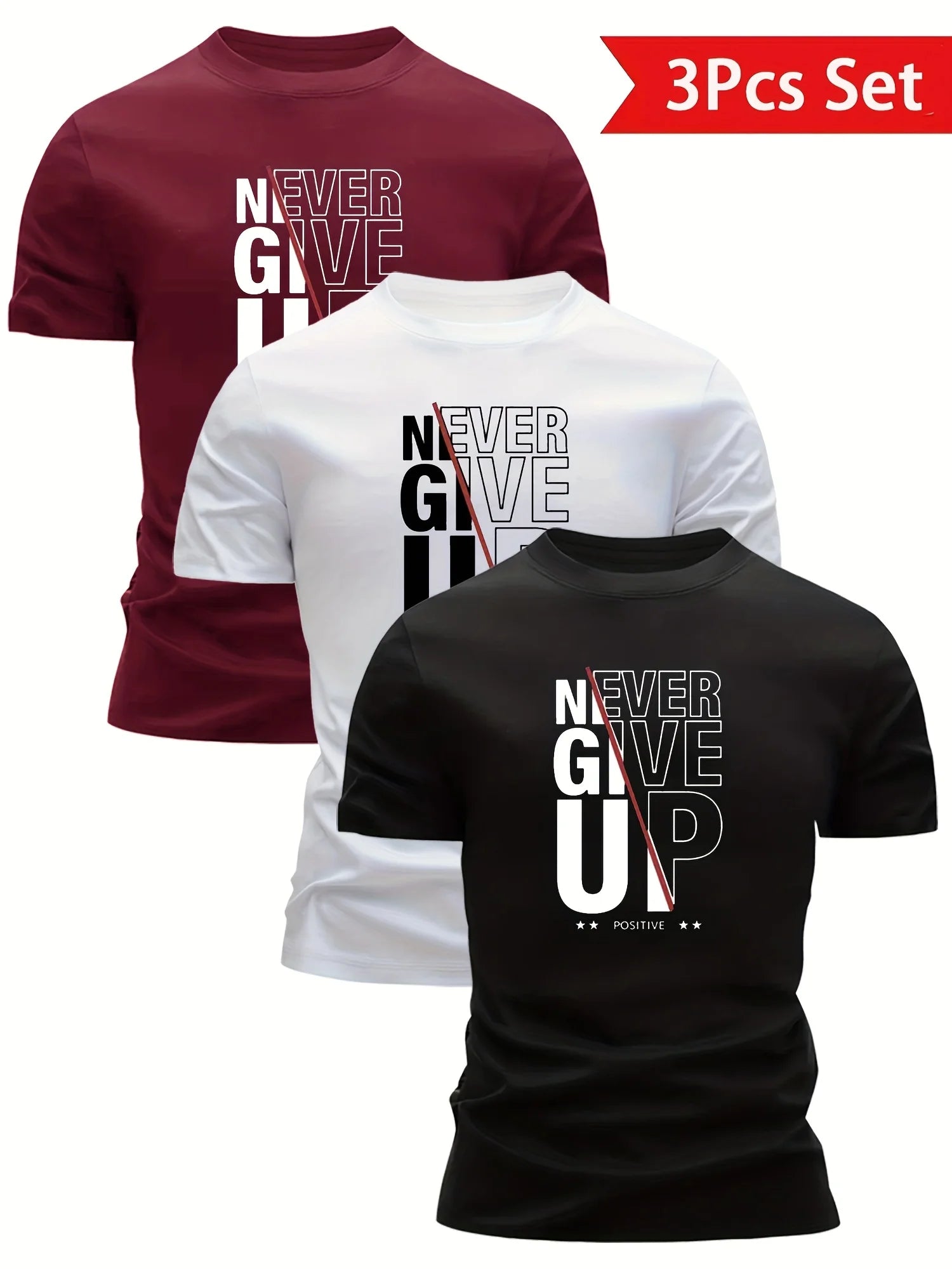 3-Pack Men's "NEVER GIVE UP" Graphic Gym T-Shirts | Motivational Crew Neck Short Sleeve Tops | Black/White/Navy Set