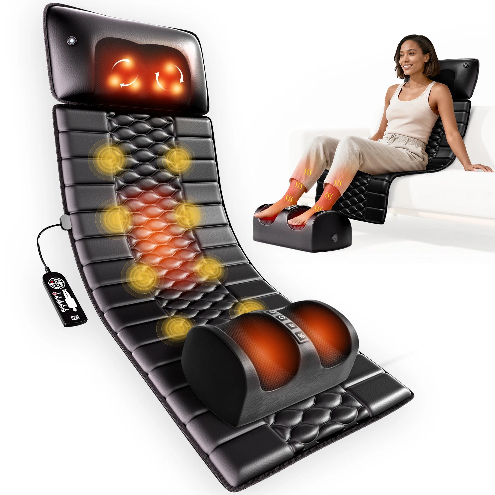 HOMEMASSA Full Body Massage Mat with Heat, Detachable Massager Pad, 10 Vibrating Motors, 9 Intensity Levels, Relax at Home Office