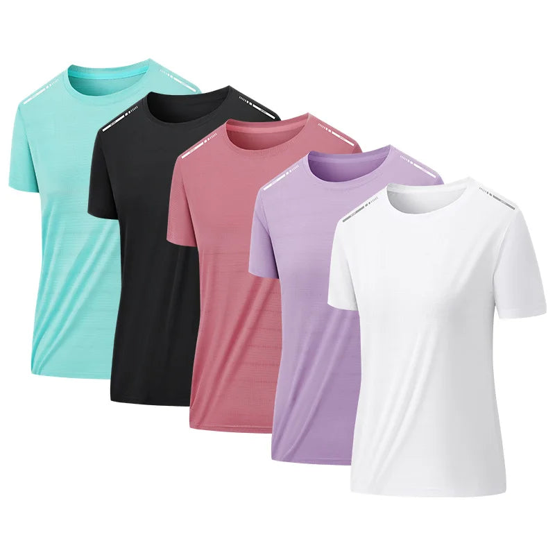 Ippolich Women's Mesh Summer T-Shirt Outdoor Jogging Reflective Strip Breathable Short Sleeves Women Fitness Elastic Sports T-Shirt