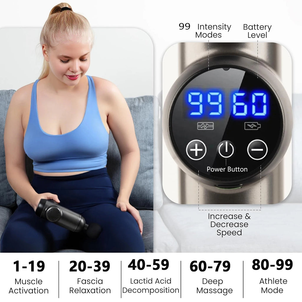 Professional Deep Tissue Massage Gun – 99 Speeds, 8 Attachments