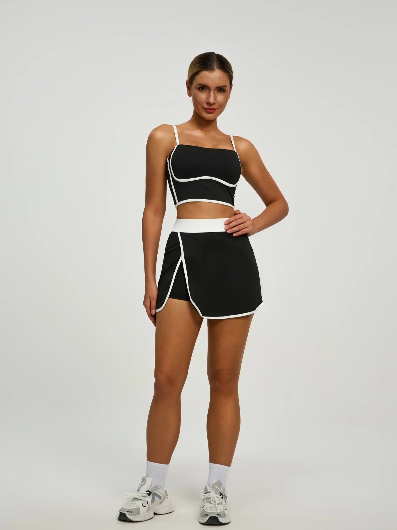 Women's Athletic Set: Padded Crop Top (Built - in Bra) & Skort with Hidden Side Pockets