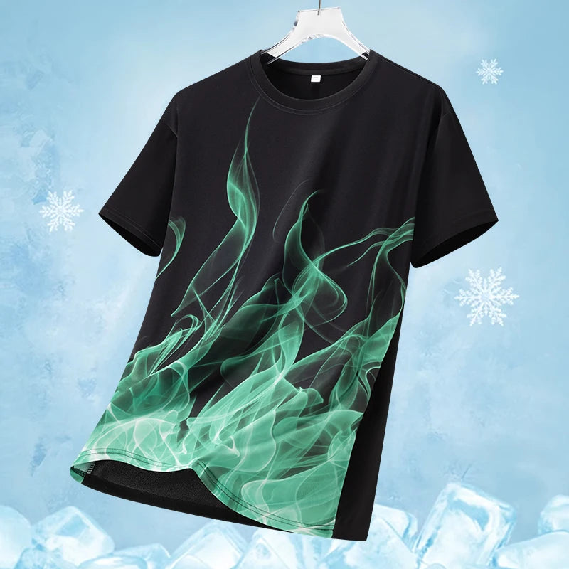 Unisex Ice Silk Flame Printed Short Sleeved Atheltic T-shirt