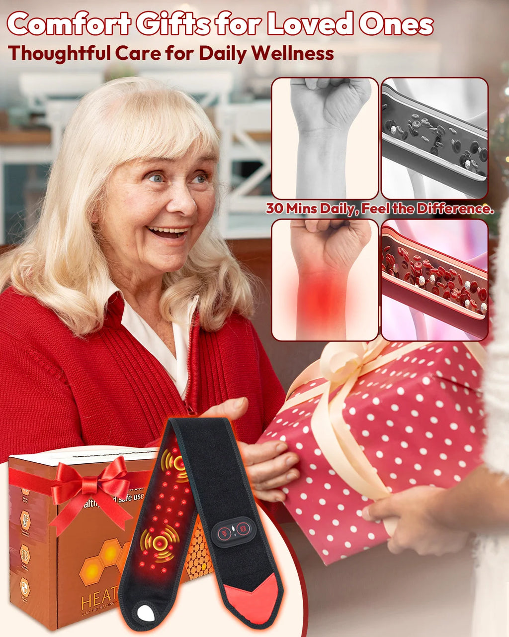 Red Light Therapy Wrap with Heat & Vibration, Infrared LED Pad for Wrist Arm Pain Relief, Cordless Massager 660nm/850nm