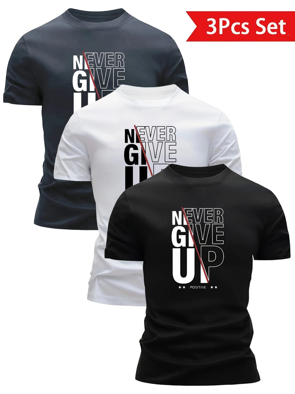 3-Pack Men's "NEVER GIVE UP" Graphic Gym T-Shirts | Motivational Crew Neck Short Sleeve Tops | Black/White/Navy Set
