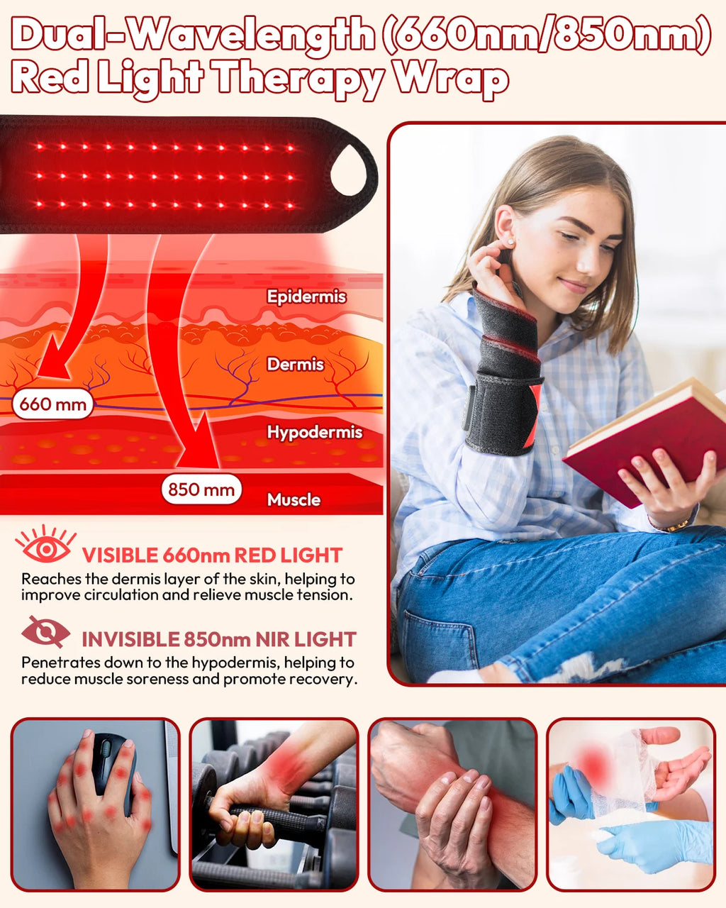 Red Light Therapy Wrap with Heat & Vibration, Infrared LED Pad for Wrist Arm Pain Relief, Cordless Massager 660nm/850nm