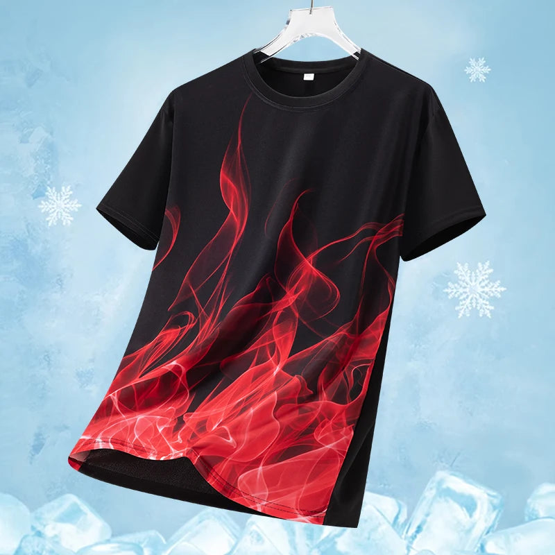Unisex Ice Silk Flame Printed Short Sleeved Atheltic T-shirt